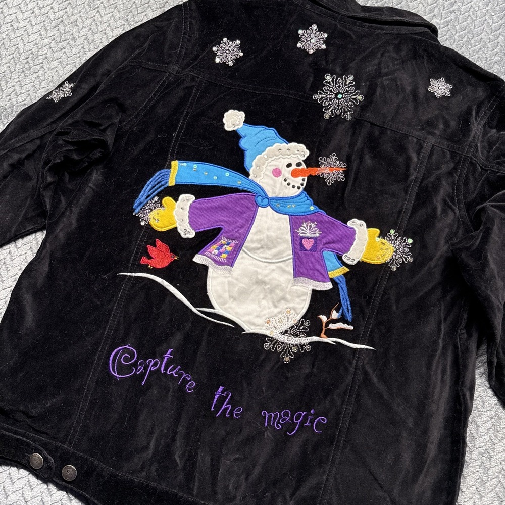 VTG Quacker Factory Jacket Women M Capture The Magic Snowman Black Embroidered‎
